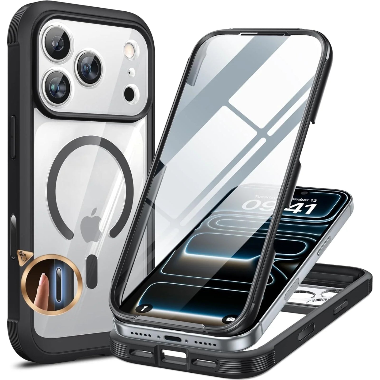 iPhone 17 Pro Max Case Full-Body Phone Case with Built-in Glass Screen Protector -Black