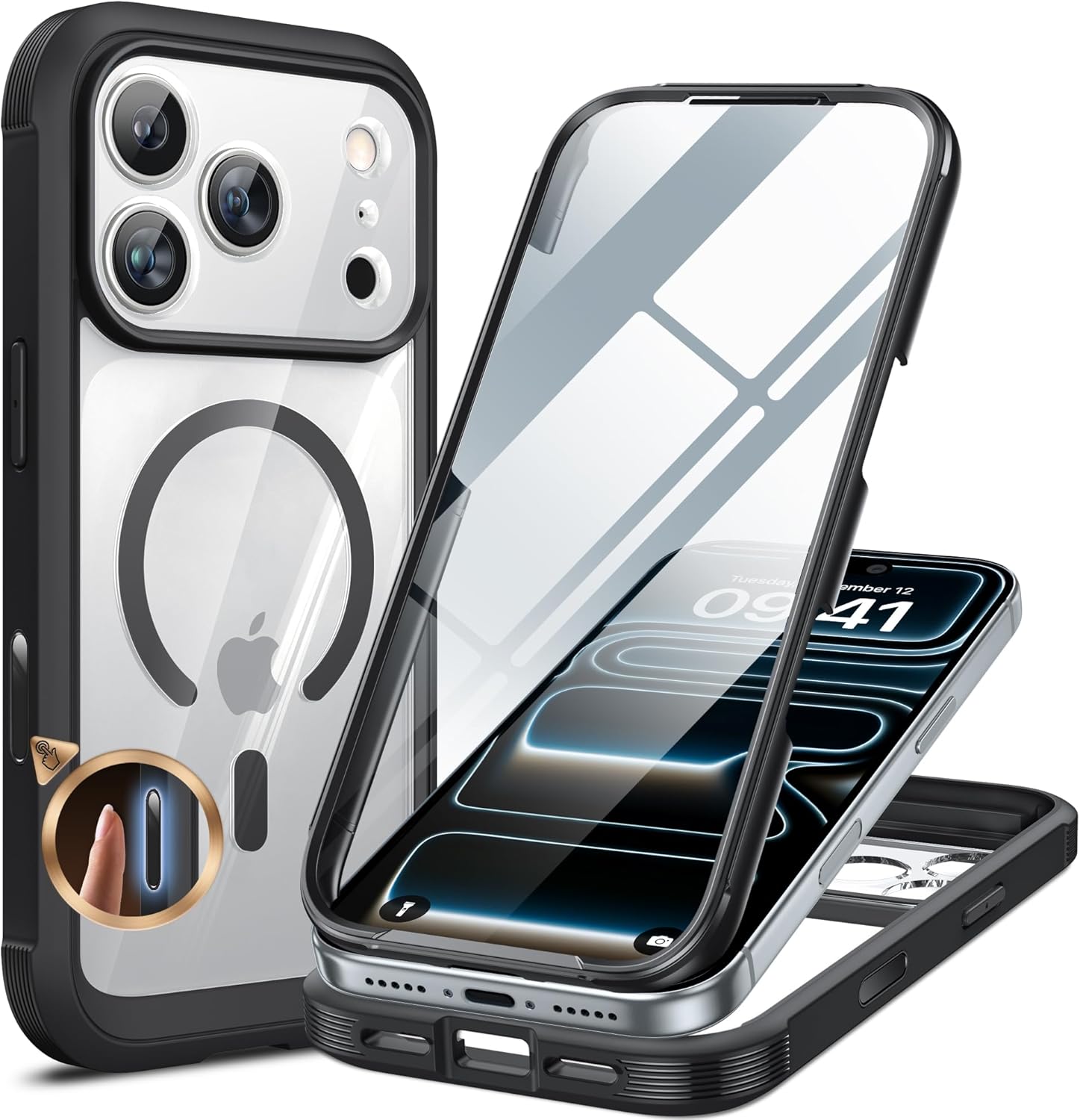 iPhone 17 Pro Max Case Full-Body Phone Case with Built-in Glass Screen Protector -Black