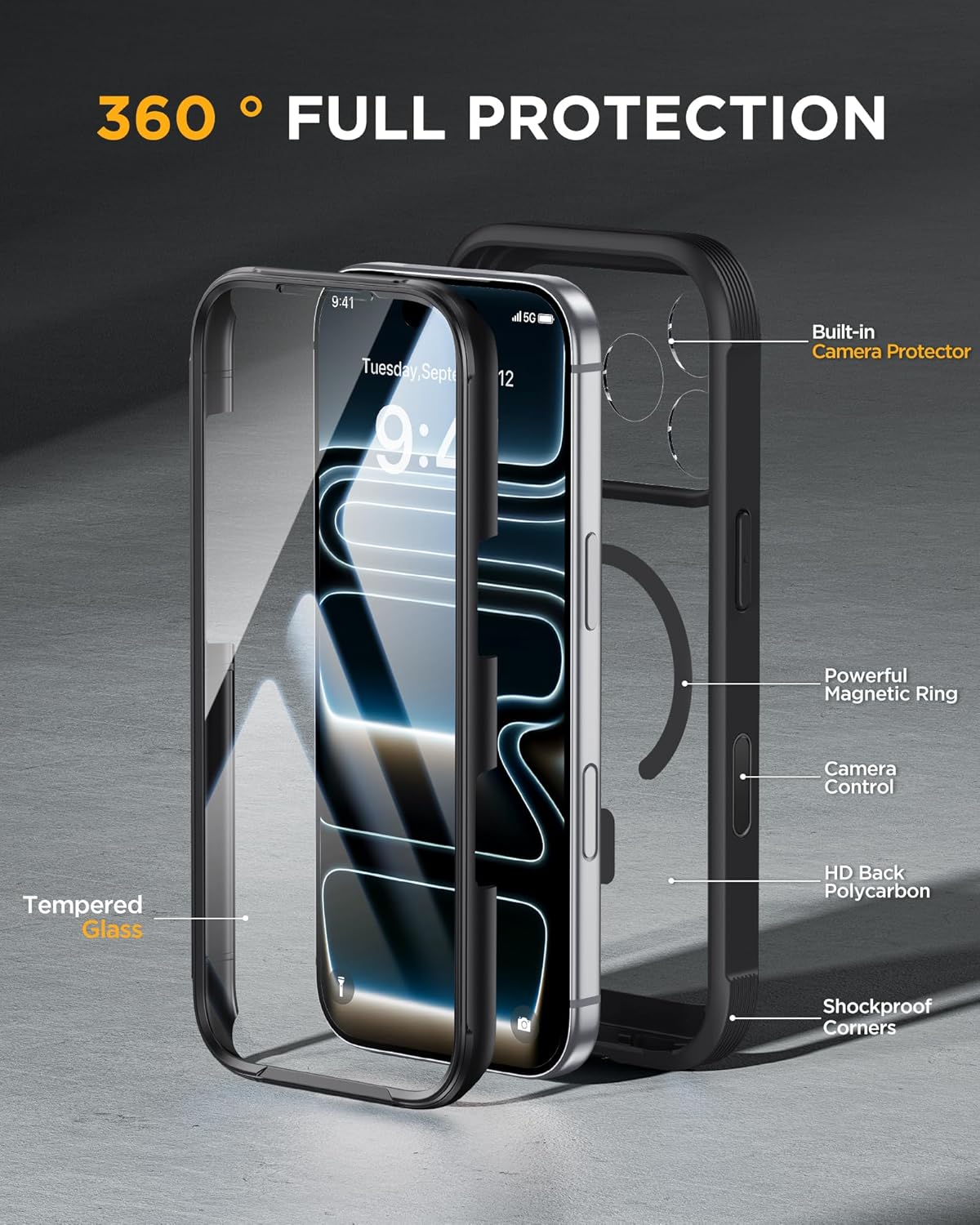 iPhone 17 Pro Max Case Full-Body Phone Case with Built-in Glass Screen Protector -Black