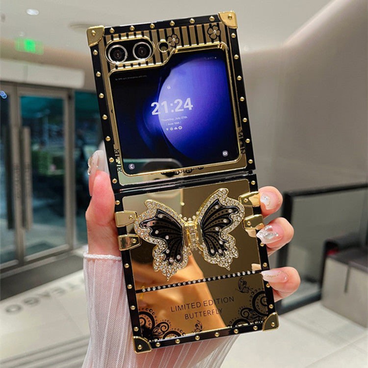 Samsung Z Flip 7/6/5 Electroplated Mirror Rhinestone Butterfly Stand Full Cover Phone Case