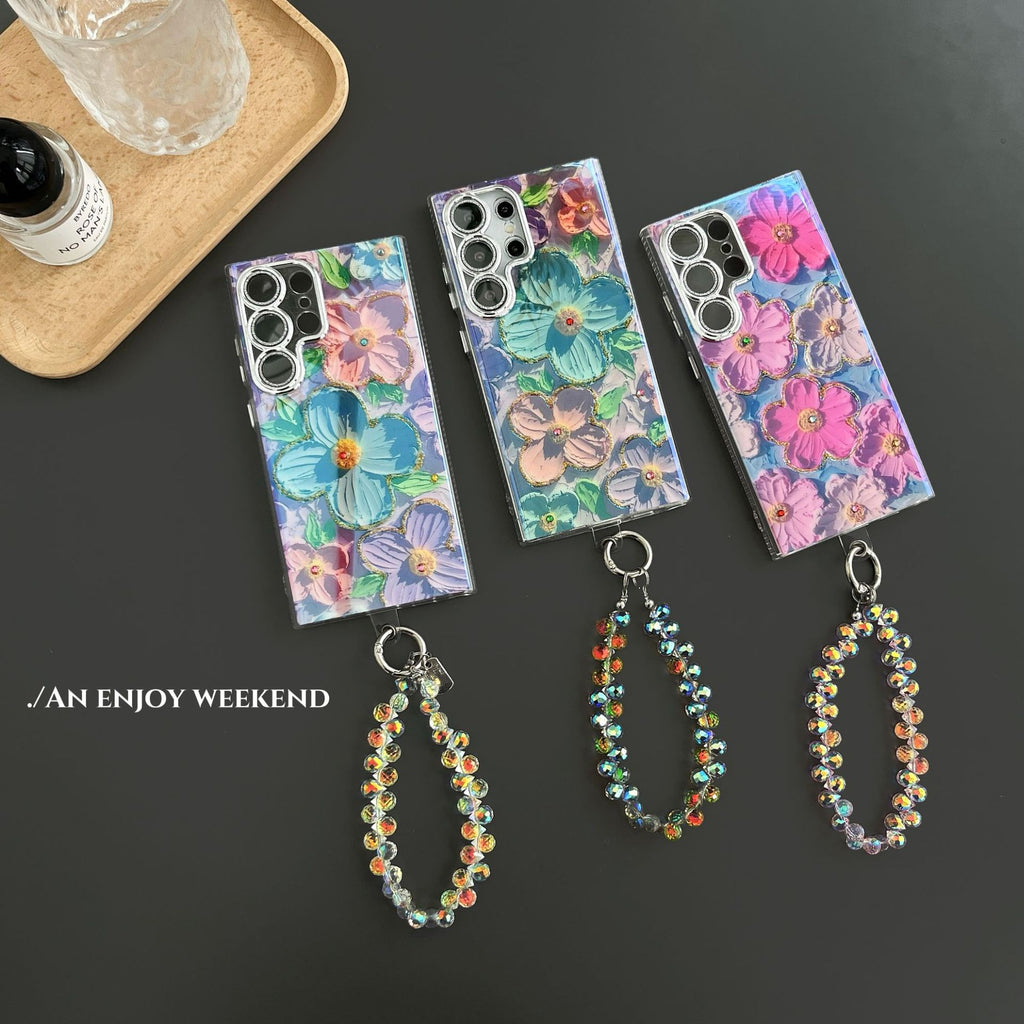 High-end Oil Painting Flower Samsung S25/S24/S23/S22 Ultra Series Epoxy Blue Light Phone Case