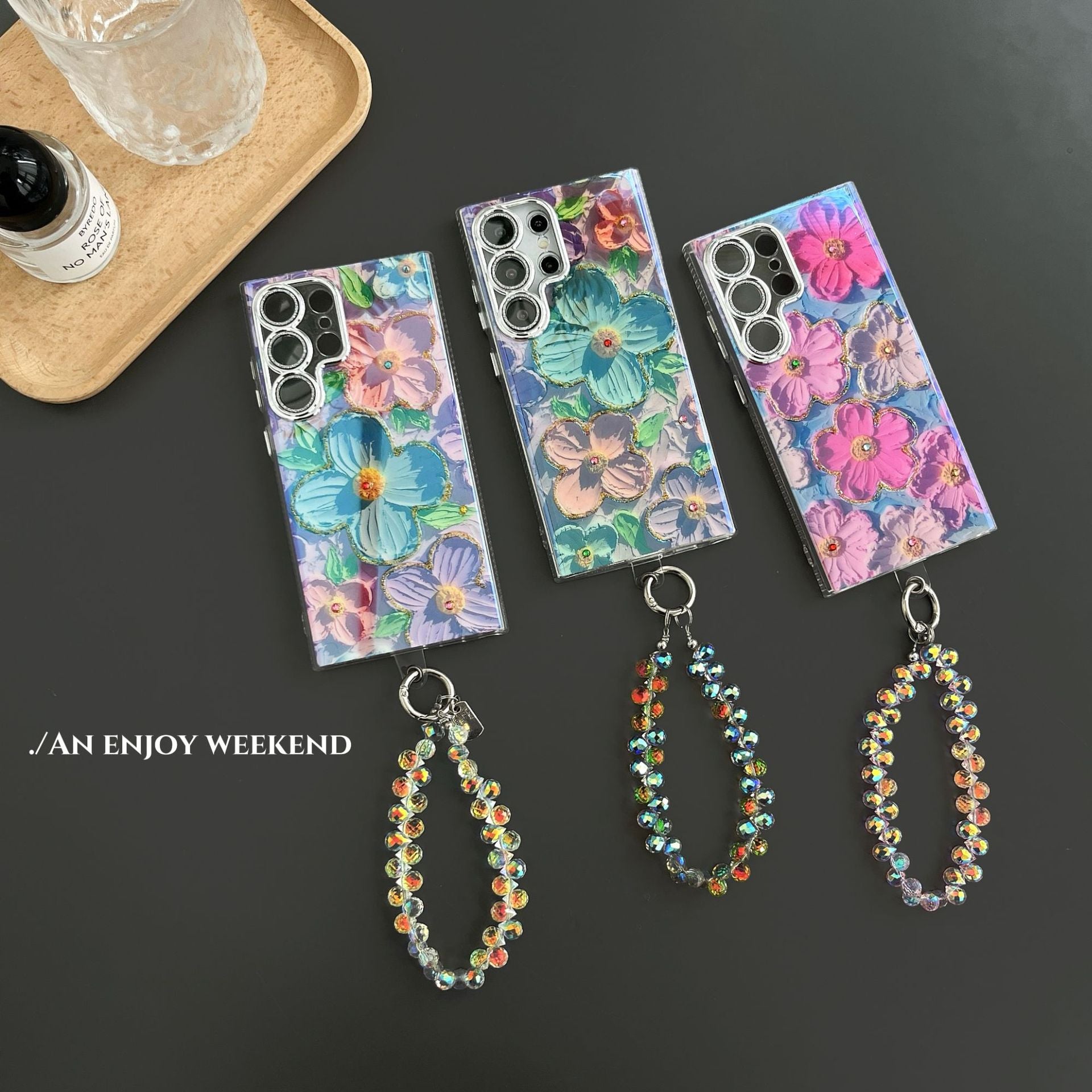 High-end Oil Painting Flower Samsung S25/S24/S23/S22 Ultra Series Epoxy Blue Light Phone Case