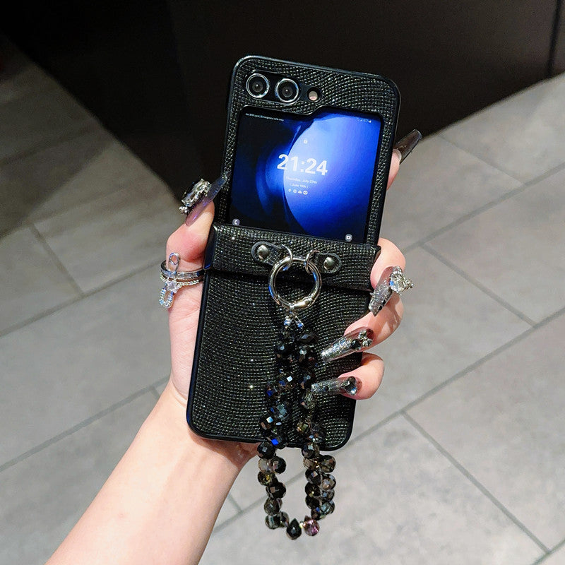 Samsung Z Flip7 Light Luxury Style Pearlescent Glitter Leather Phone Case with Chain