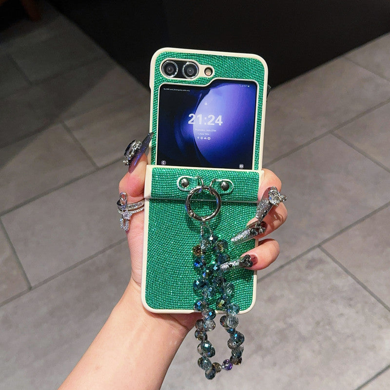 Samsung Z Flip7 Light Luxury Style Pearlescent Glitter Leather Phone Case with Chain