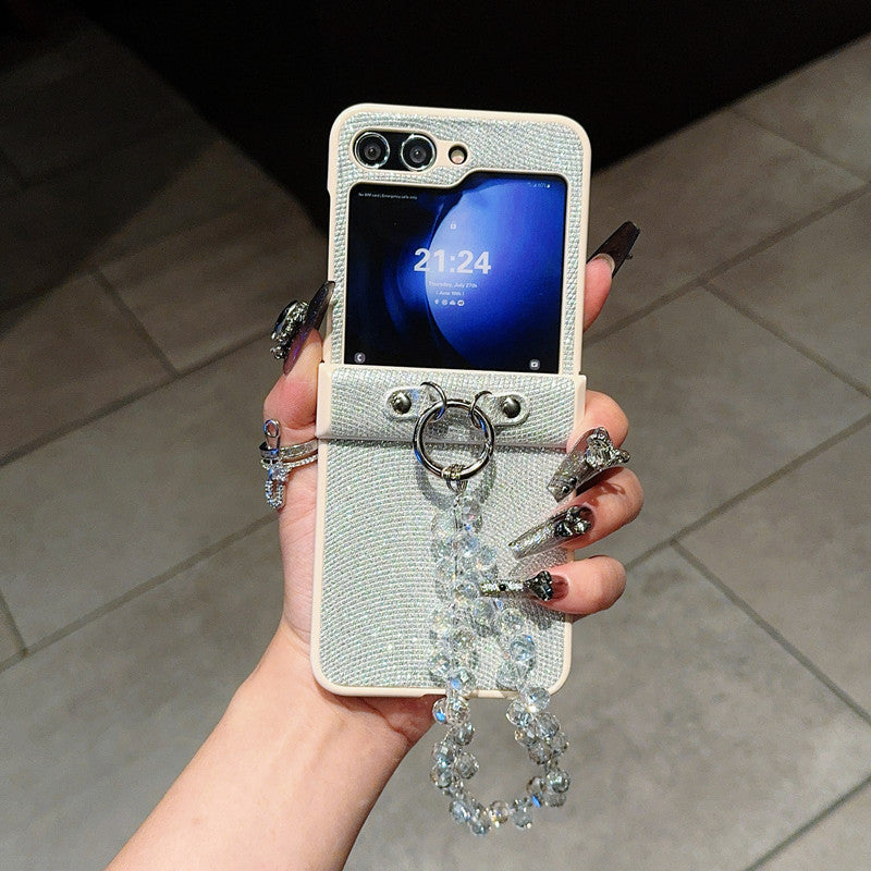 Samsung Z Flip7 Light Luxury Style Pearlescent Glitter Leather Phone Case with Chain