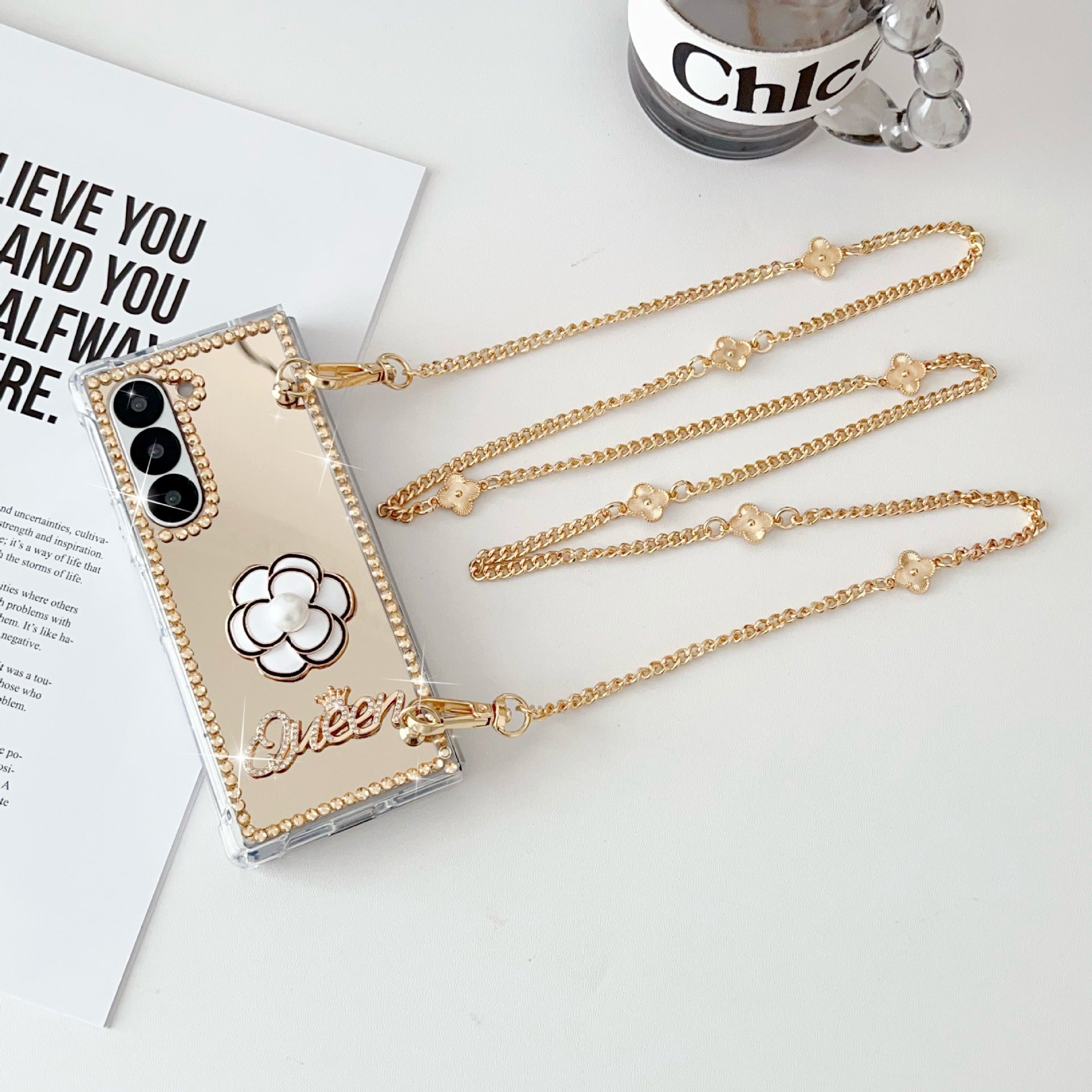 Samsung Z Fold7 Mirror Folding Phone Case Cross-Chain Camellia Rhinestone Mirror Protective Case for Women