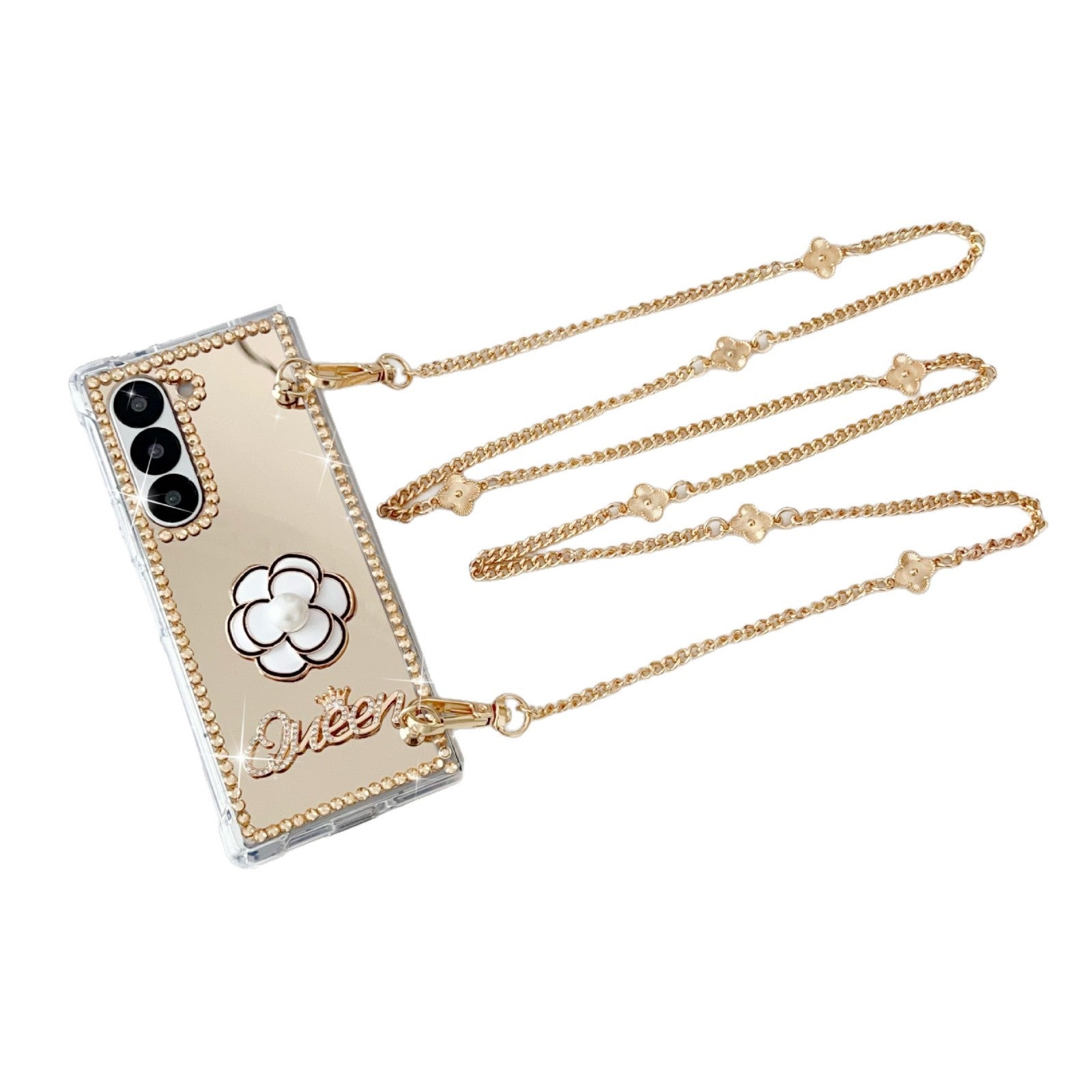 Samsung Z Fold7 Mirror Folding Phone Case Cross-Chain Camellia Rhinestone Mirror Protective Case for Women
