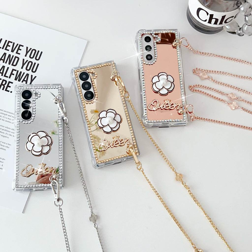 Samsung Z Fold7 Mirror Folding Phone Case Cross-Chain Camellia Rhinestone Mirror Protective Case for Women