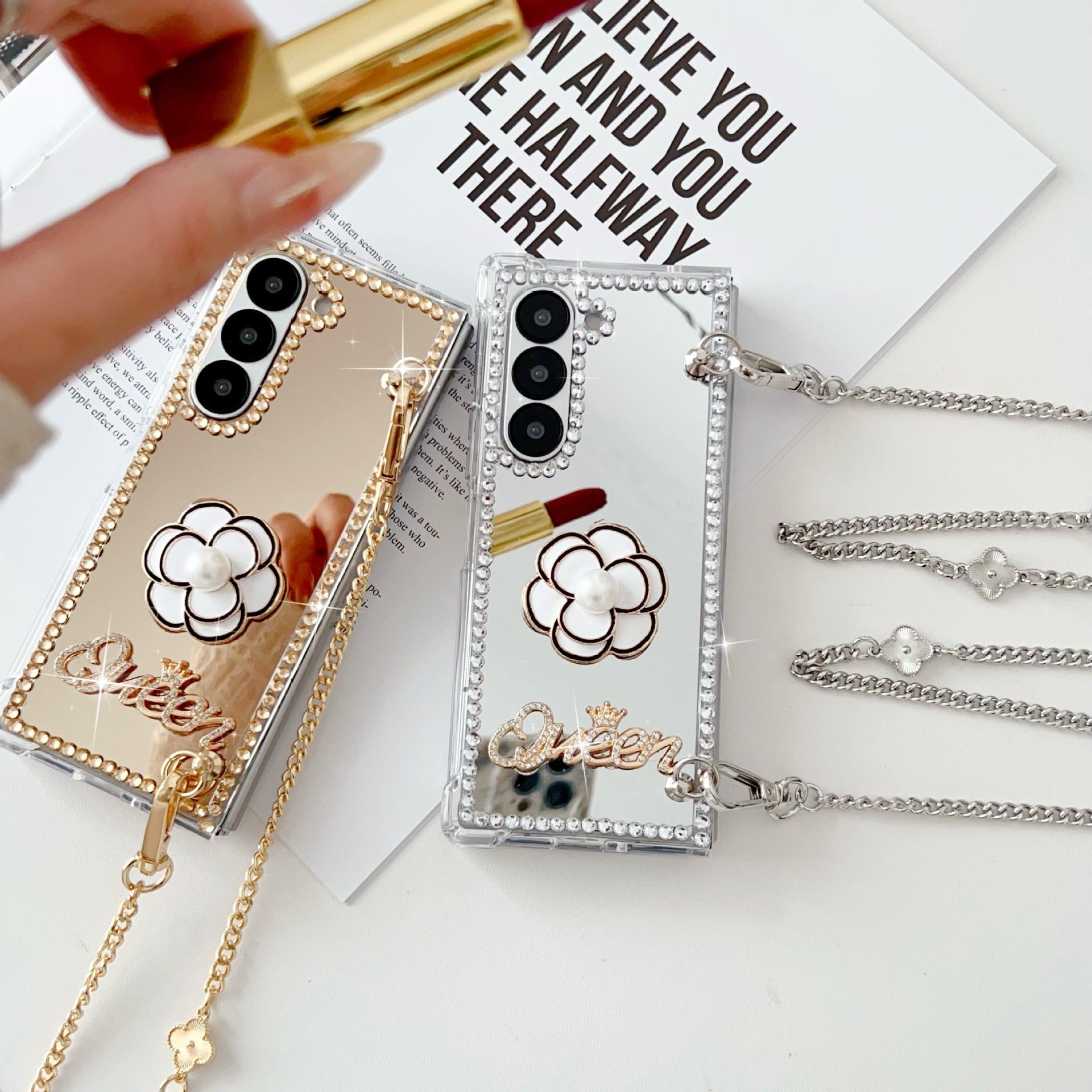 Samsung Z Fold7 Mirror Folding Phone Case Cross-Chain Camellia Rhinestone Mirror Protective Case for Women