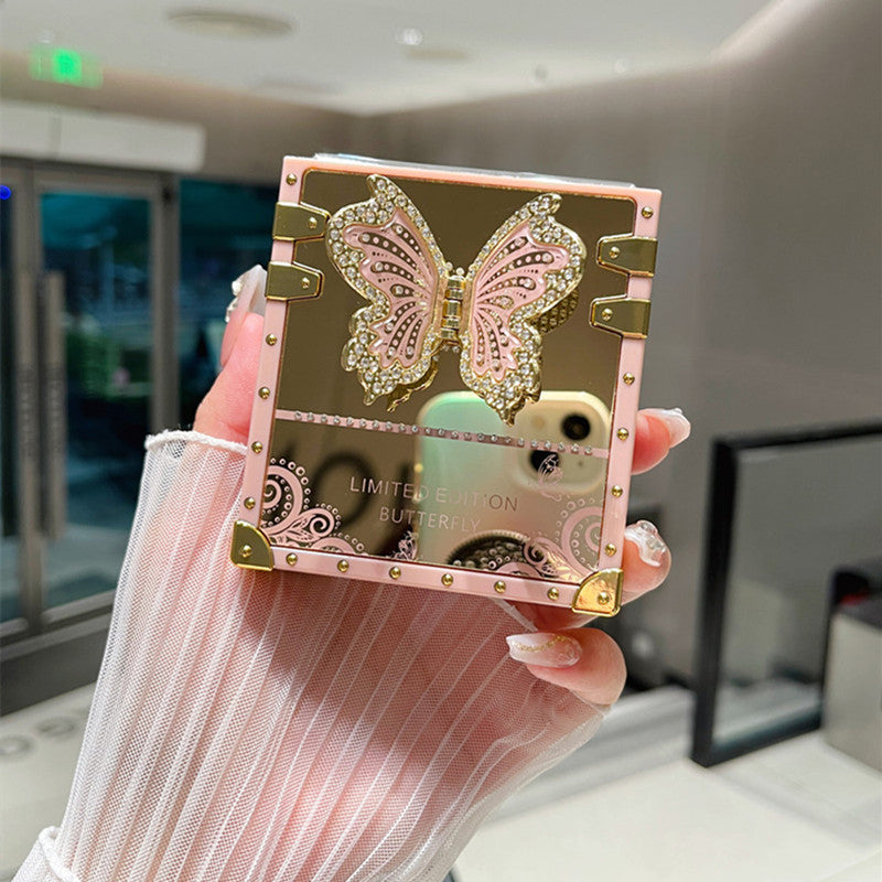 Samsung Z Flip 7/6/5 Electroplated Mirror Rhinestone Butterfly Stand Full Cover Phone Case