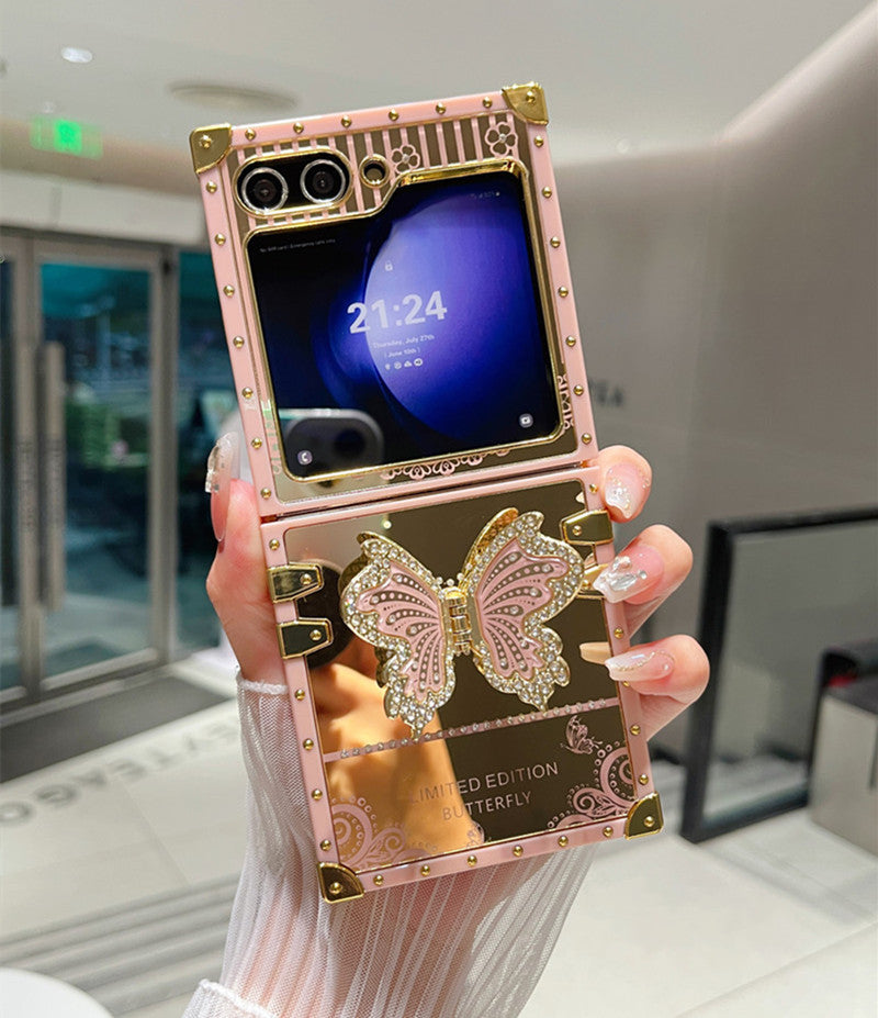 Samsung Z Flip 7/6/5 Electroplated Mirror Rhinestone Butterfly Stand Full Cover Phone Case