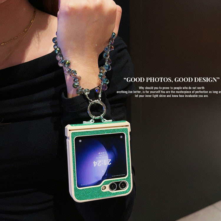 Samsung Z Flip7 Light Luxury Style Pearlescent Glitter Leather Phone Case with Chain