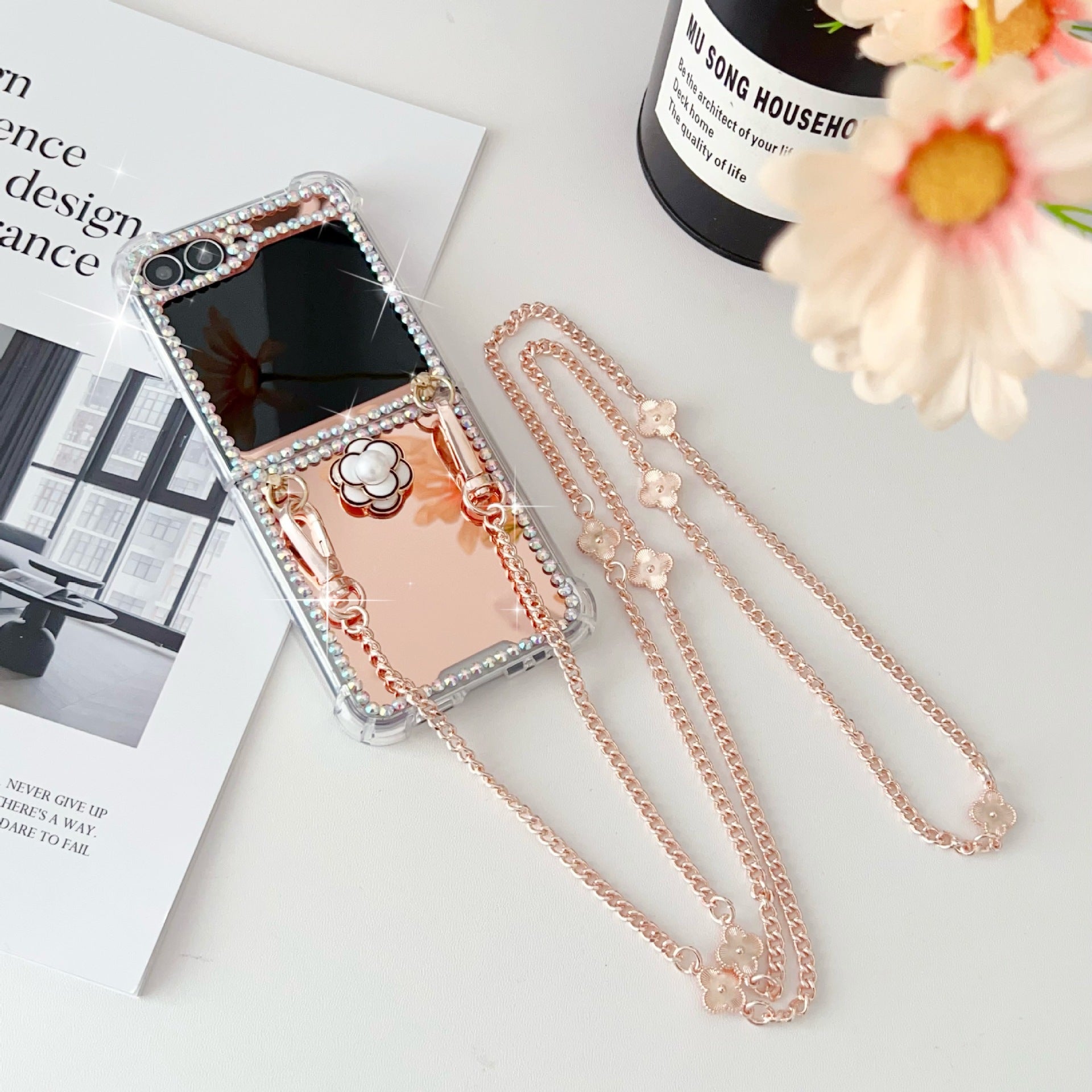Rhinestone Case for Samsung Z Flip 7/6/5 With Crossbody Chain Mirrored Drop-Resistant Protective Case