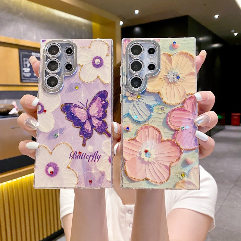 Samsung S25ultra Oil Painting Crabapple Flower Phone Case S24 S23 with Lens Film Protective Cover