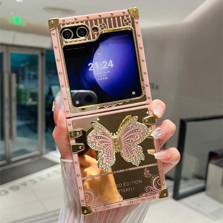 Samsung Z Flip 7/6/5 Electroplated Mirror Rhinestone Butterfly Stand Full Cover Phone Case