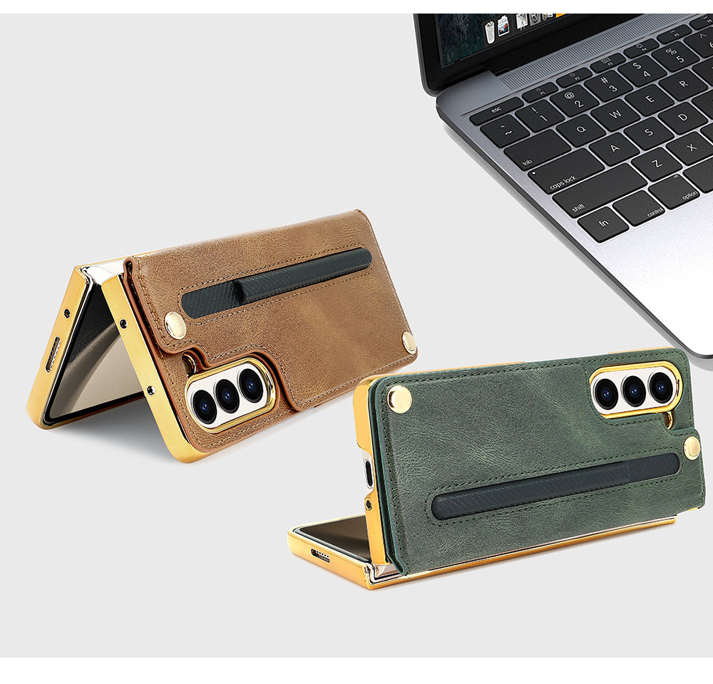 Samsung Fold 7/6/5/4 Folding Screen Phone Case with Tempered Glass Bracket and Pen Slot Electroplating Phone Case