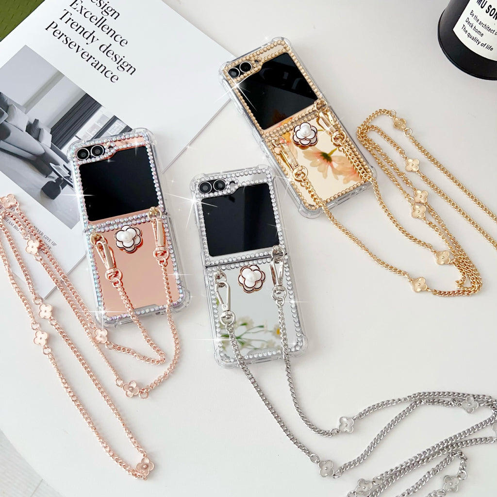 Rhinestone Case for Samsung Z Flip 7/6/5 With Crossbody Chain Mirrored Drop-Resistant Protective Case