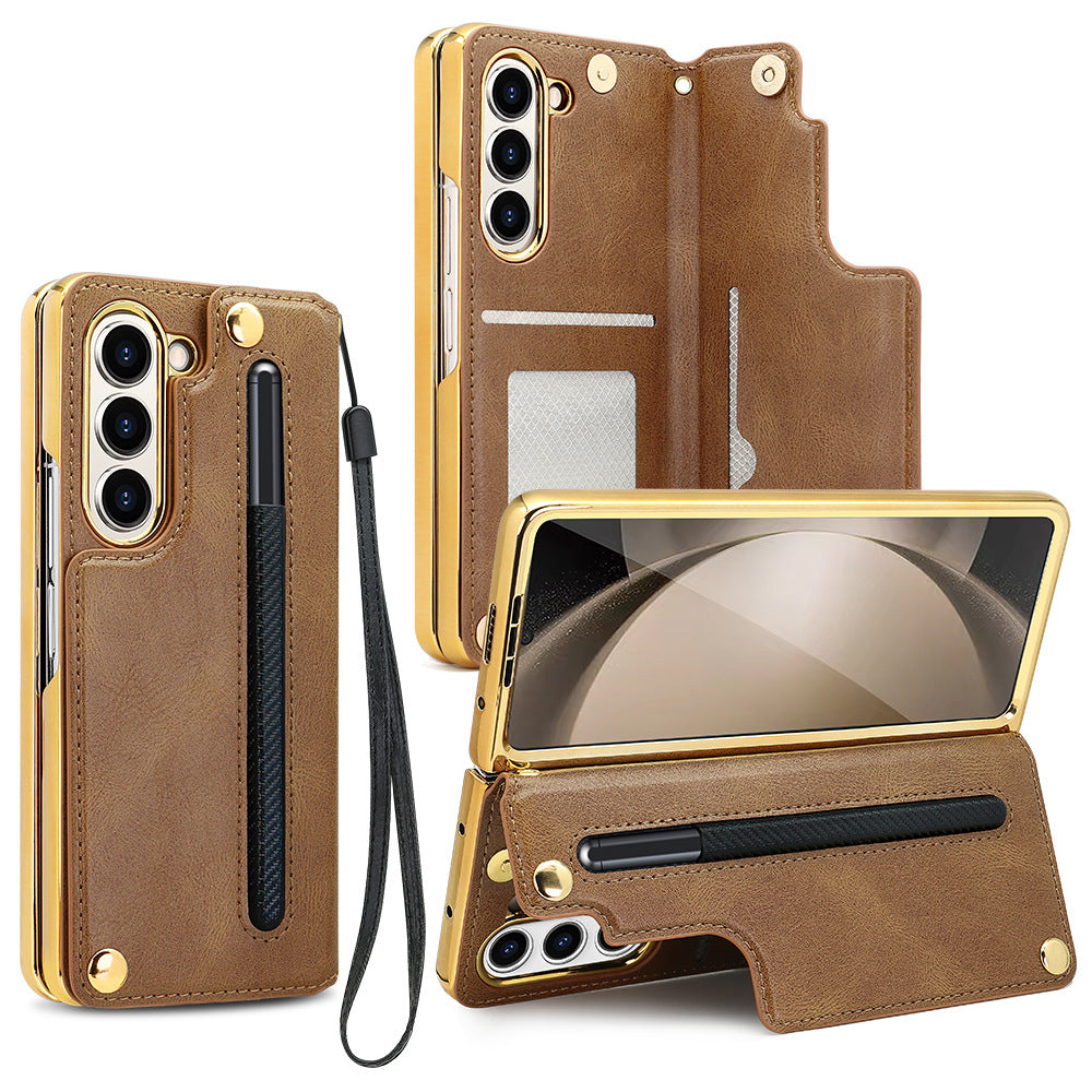 Samsung Fold 7/6/5/4 Folding Screen Phone Case with Tempered Glass Bracket and Pen Slot Electroplating Phone Case