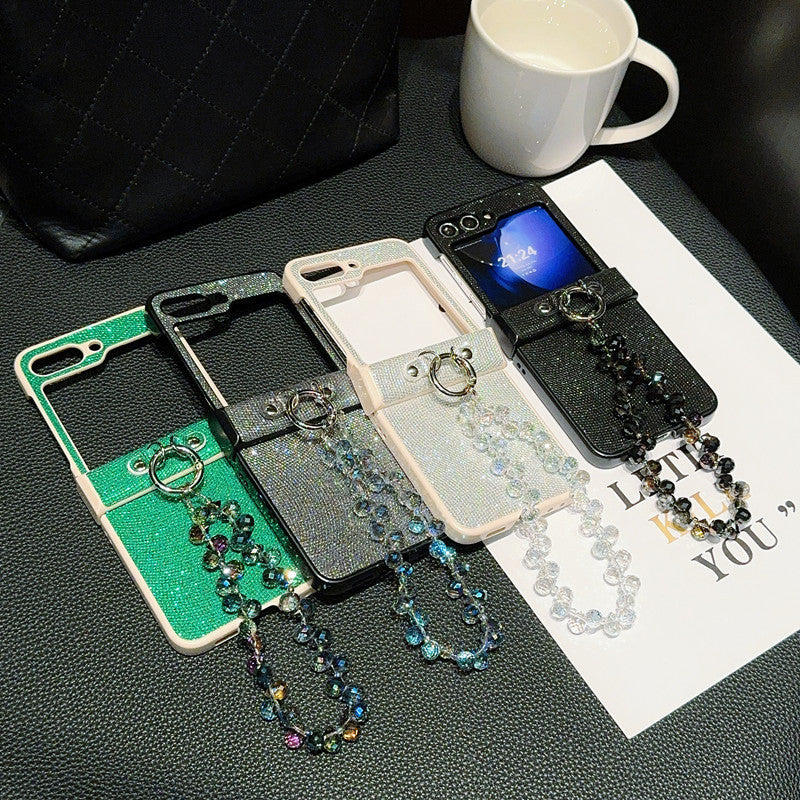 Samsung Z Flip7 Light Luxury Style Pearlescent Glitter Leather Phone Case with Chain