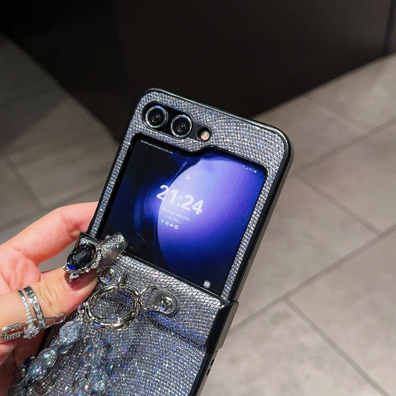 Samsung Z Flip7 Light Luxury Style Pearlescent Glitter Leather Phone Case with Chain