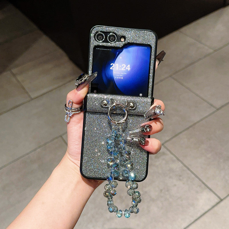 Samsung Z Flip7 Light Luxury Style Pearlescent Glitter Leather Phone Case with Chain