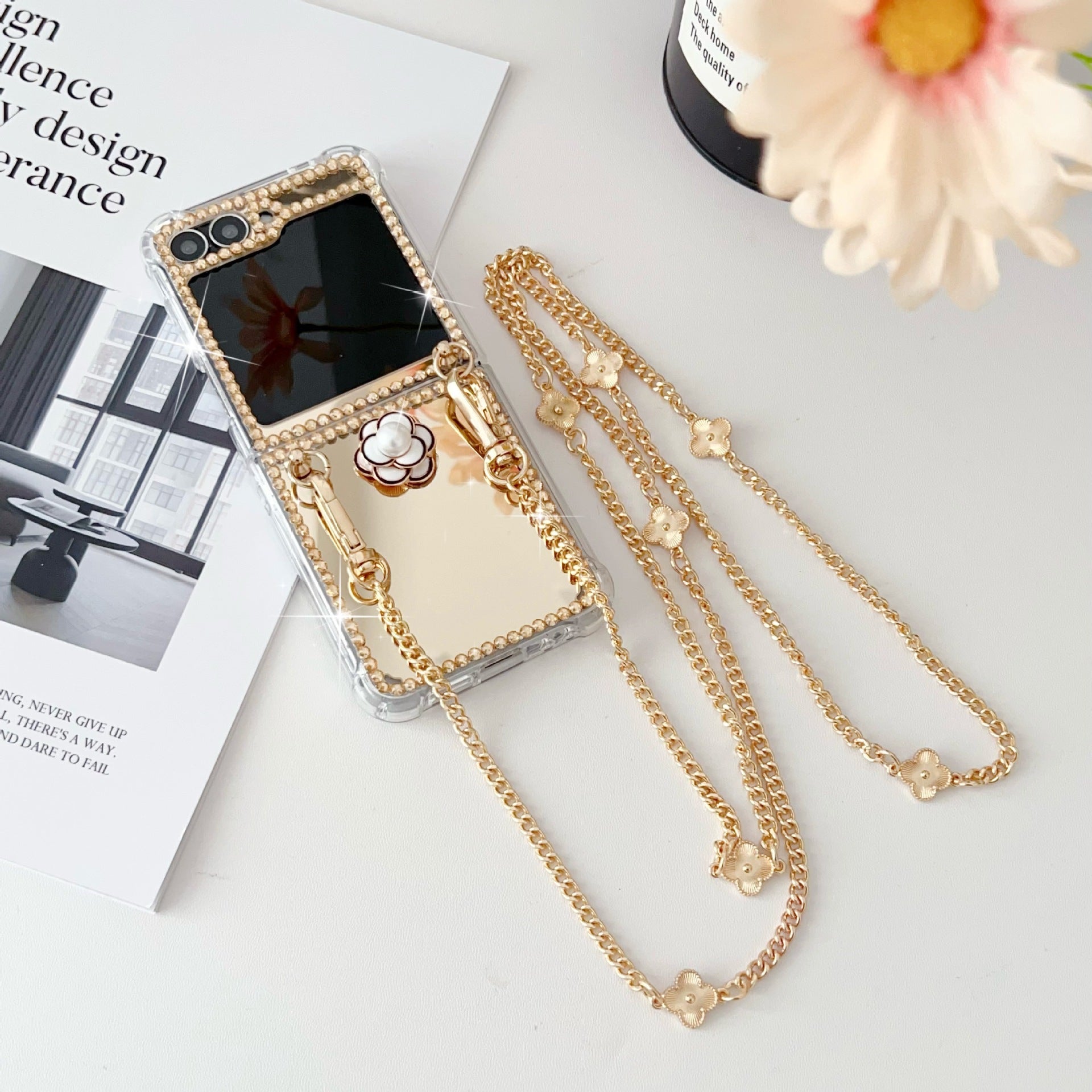 Rhinestone Case for Samsung Z Flip 7/6/5 With Crossbody Chain Mirrored Drop-Resistant Protective Case