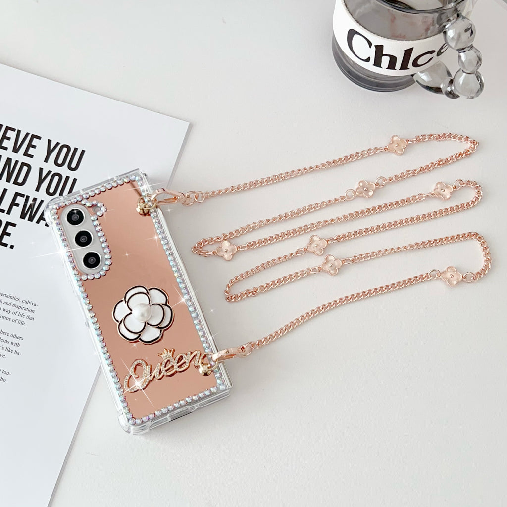 Samsung Z Fold7 Mirror Folding Phone Case Cross-Chain Camellia Rhinestone Mirror Protective Case for Women