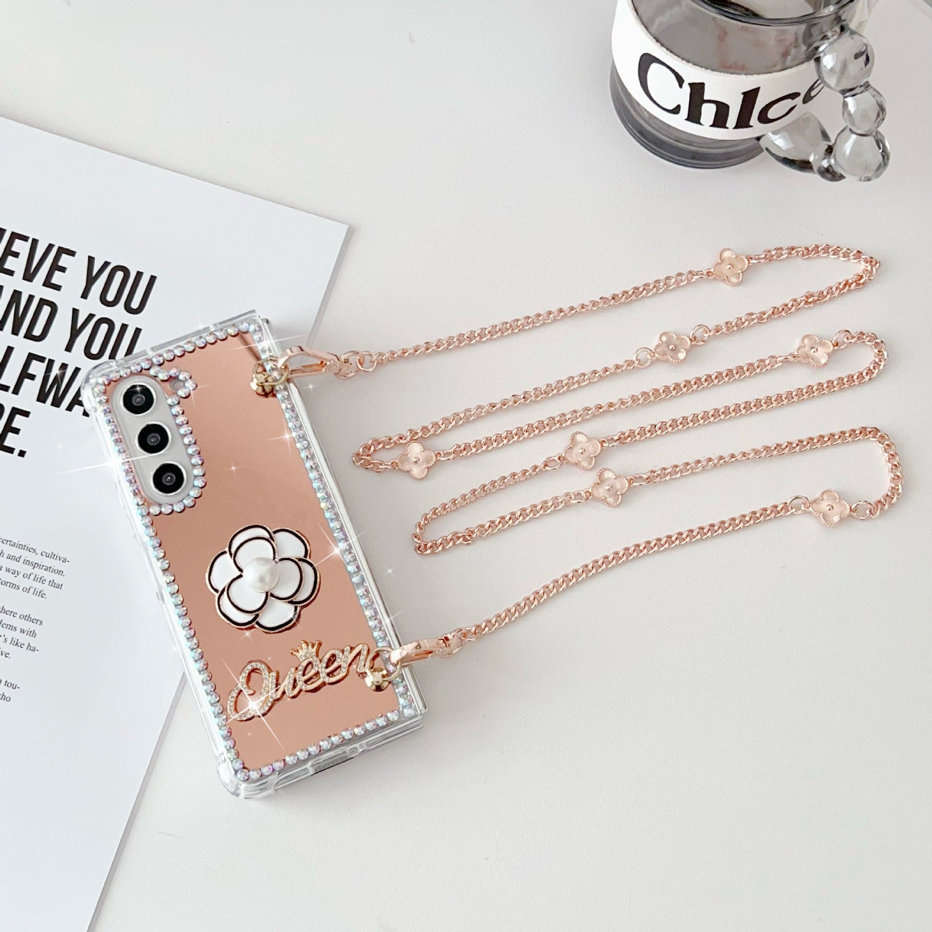 Samsung Z Fold7 Mirror Folding Phone Case Cross-Chain Camellia Rhinestone Mirror Protective Case for Women