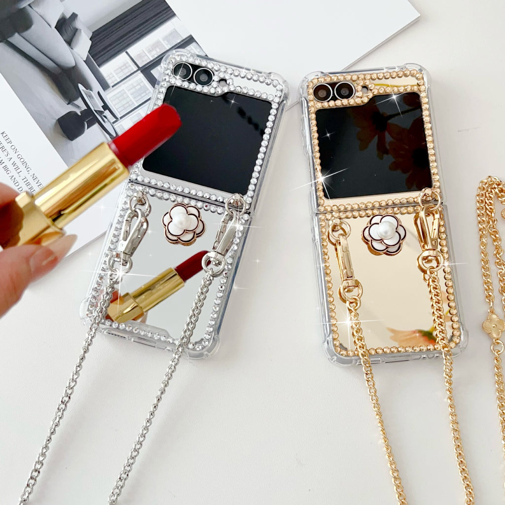 Rhinestone Case for Samsung Z Flip 7/6/5 With Crossbody Chain Mirrored Drop-Resistant Protective Case