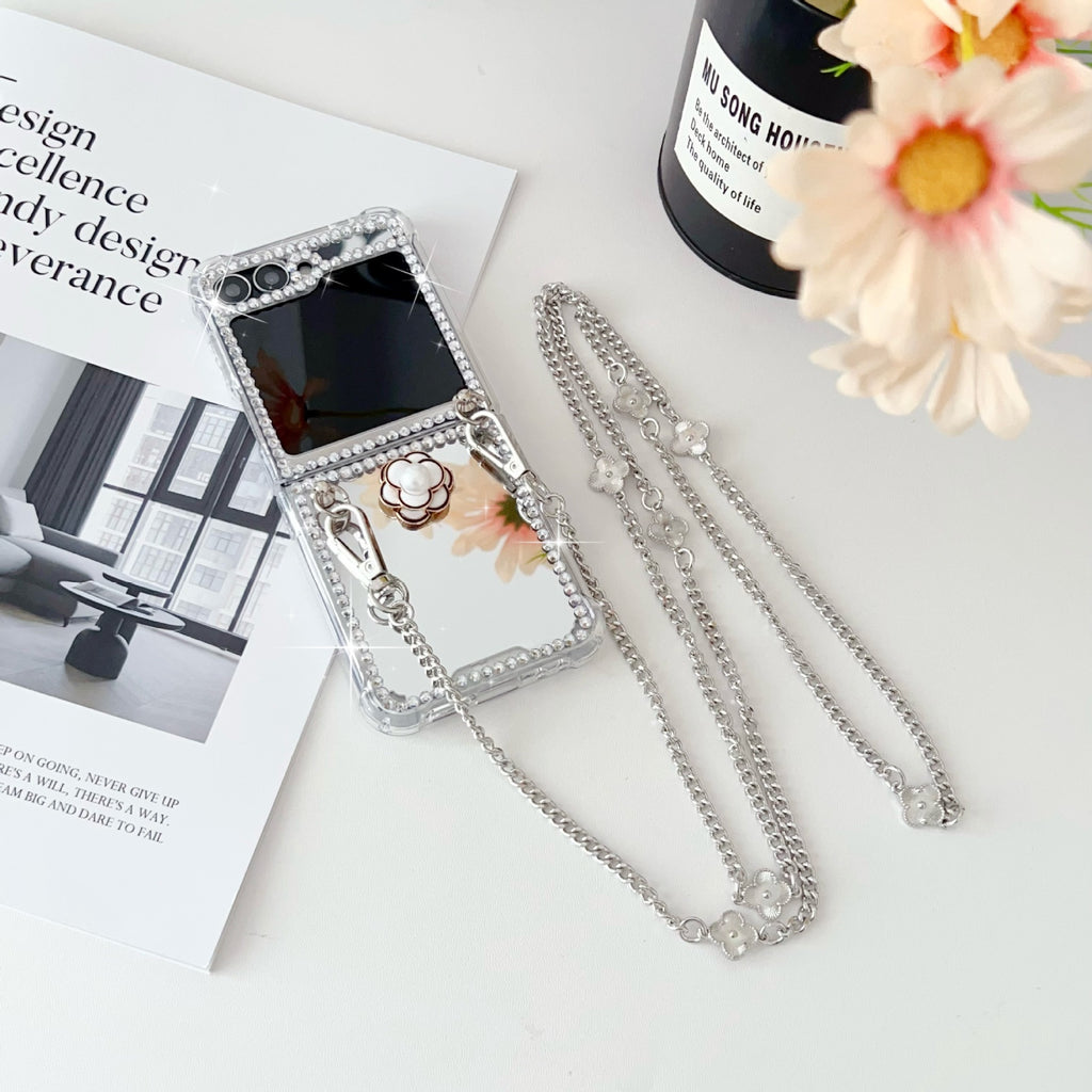 Rhinestone Case for Samsung Z Flip 7/6/5 With Crossbody Chain Mirrored Drop-Resistant Protective Case