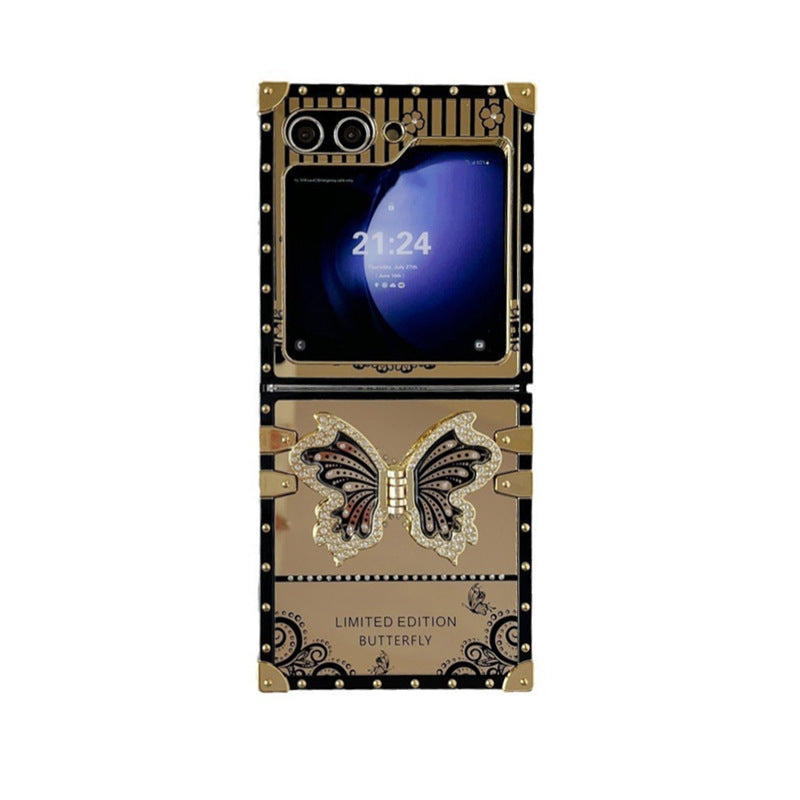 Samsung Z Flip 7/6/5 Electroplated Mirror Rhinestone Butterfly Stand Full Cover Phone Case