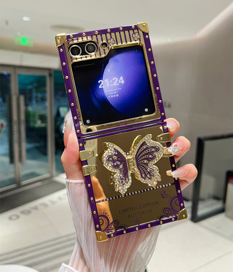 Samsung Z Flip 7/6/5 Electroplated Mirror Rhinestone Butterfly Stand Full Cover Phone Case