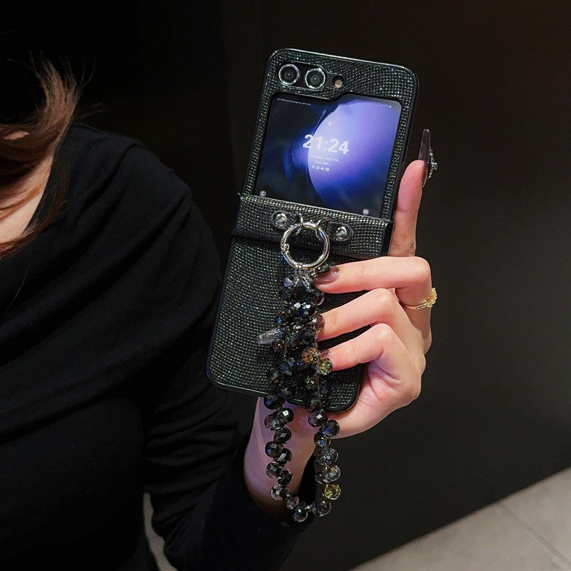 Samsung Z Flip7 Light Luxury Style Pearlescent Glitter Leather Phone Case with Chain