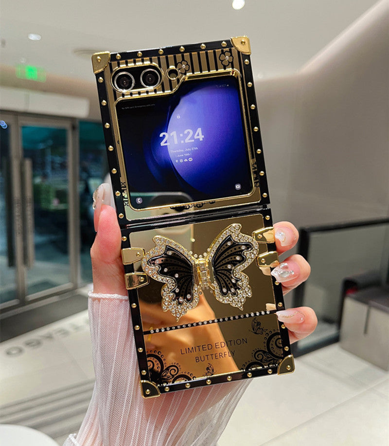 Samsung Z Flip 7/6/5 Electroplated Mirror Rhinestone Butterfly Stand Full Cover Phone Case