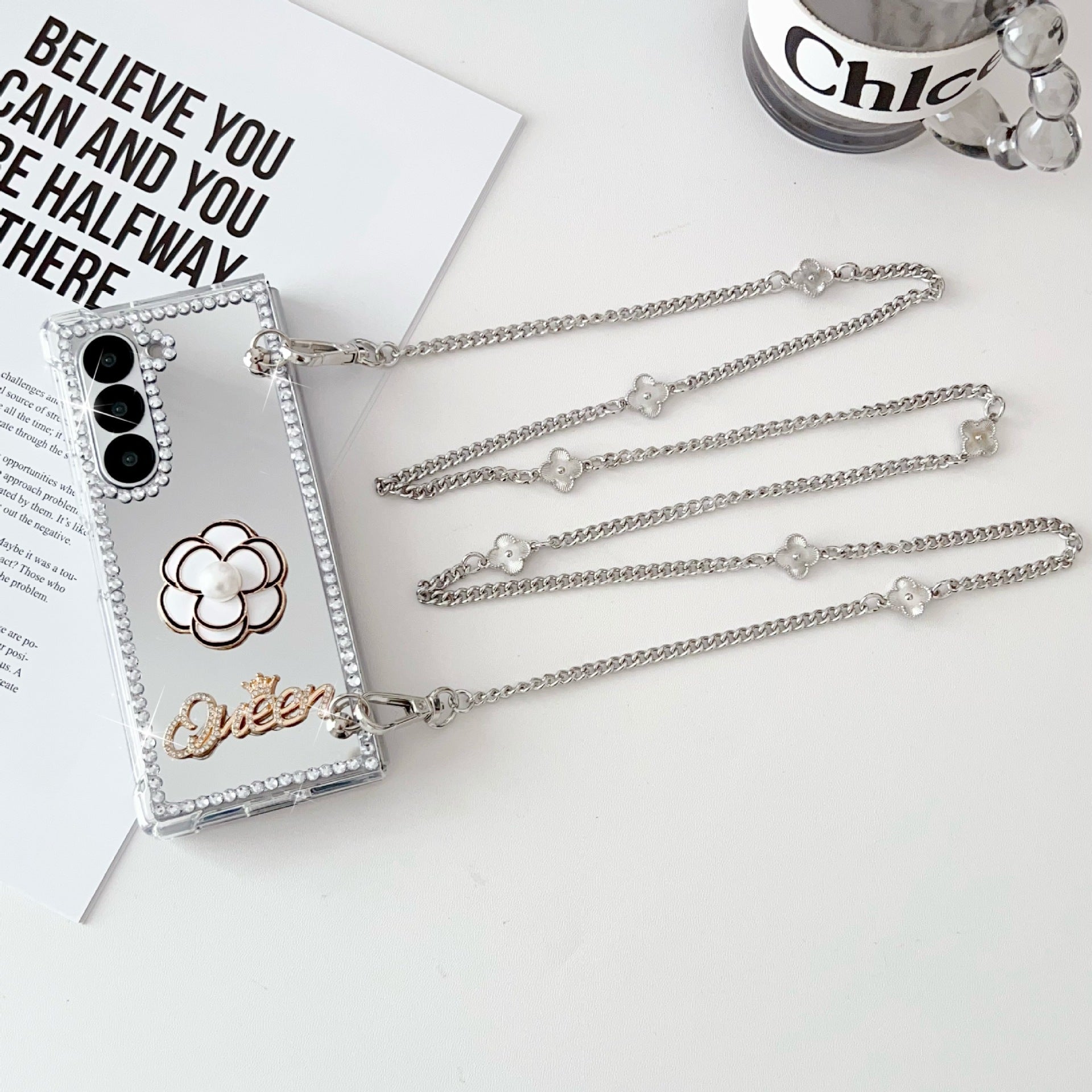 Samsung Z Fold7 Mirror Folding Phone Case Cross-Chain Camellia Rhinestone Mirror Protective Case for Women