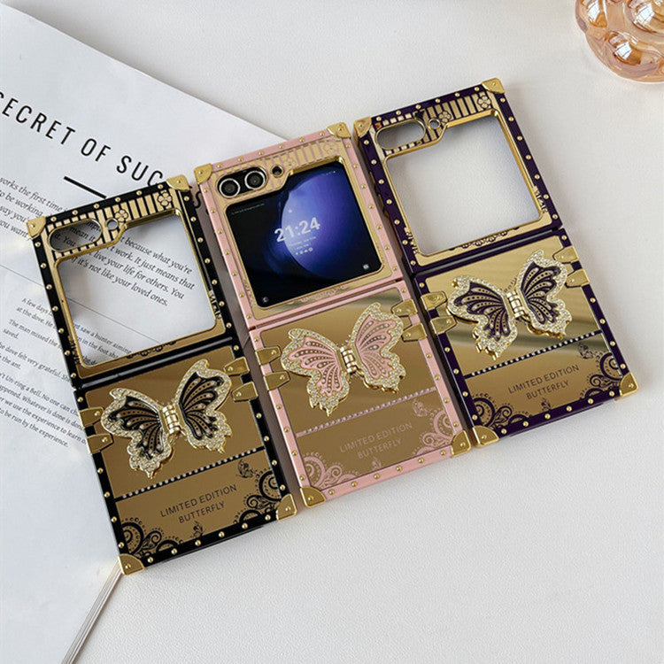 Samsung Z Flip 7/6/5 Electroplated Mirror Rhinestone Butterfly Stand Full Cover Phone Case