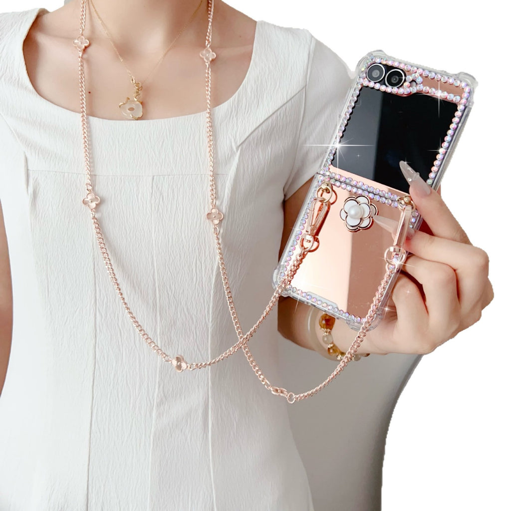 Rhinestone Case for Samsung Z Flip 7/6/5 With Crossbody Chain Mirrored Drop-Resistant Protective Case