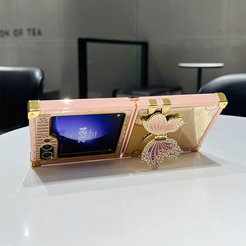 Samsung Z Flip 7/6/5 Electroplated Mirror Rhinestone Butterfly Stand Full Cover Phone Case