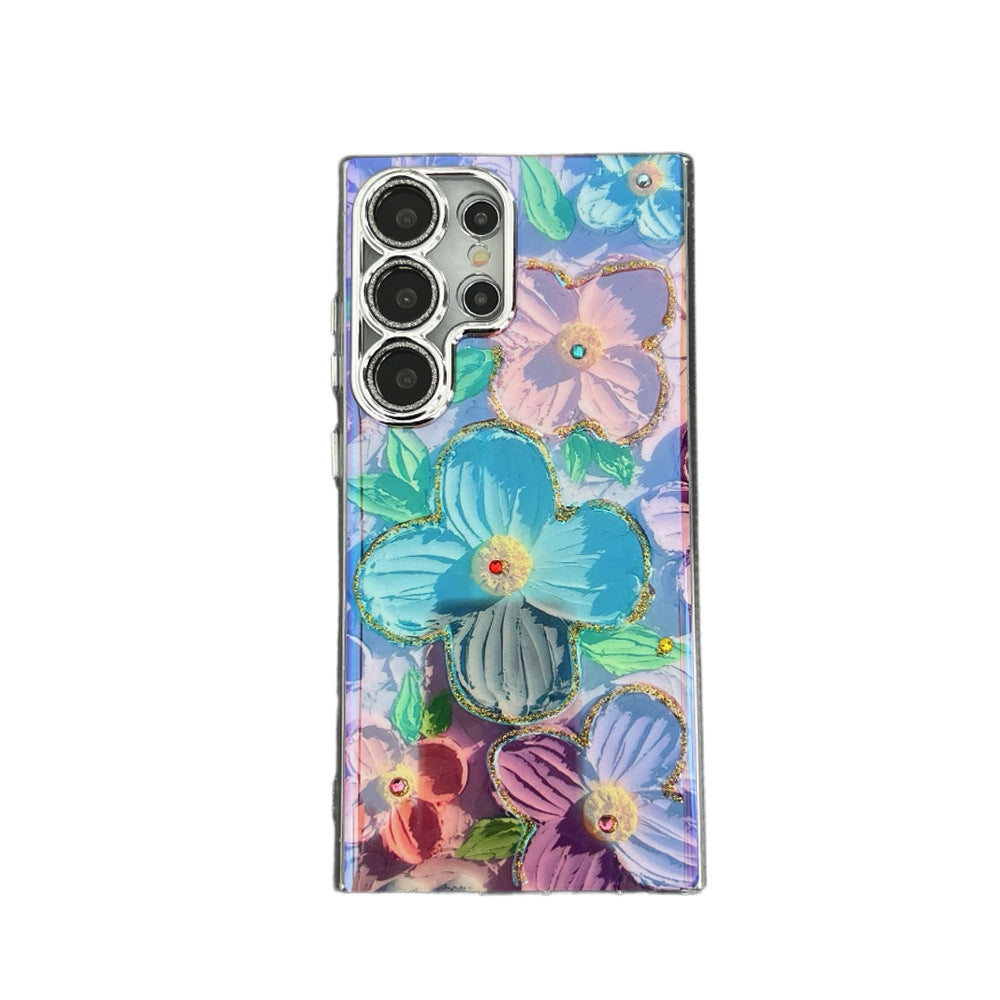 High-end Oil Painting Flower Samsung S25/S24/S23/S22 Ultra Series Epoxy Blue Light Phone Case